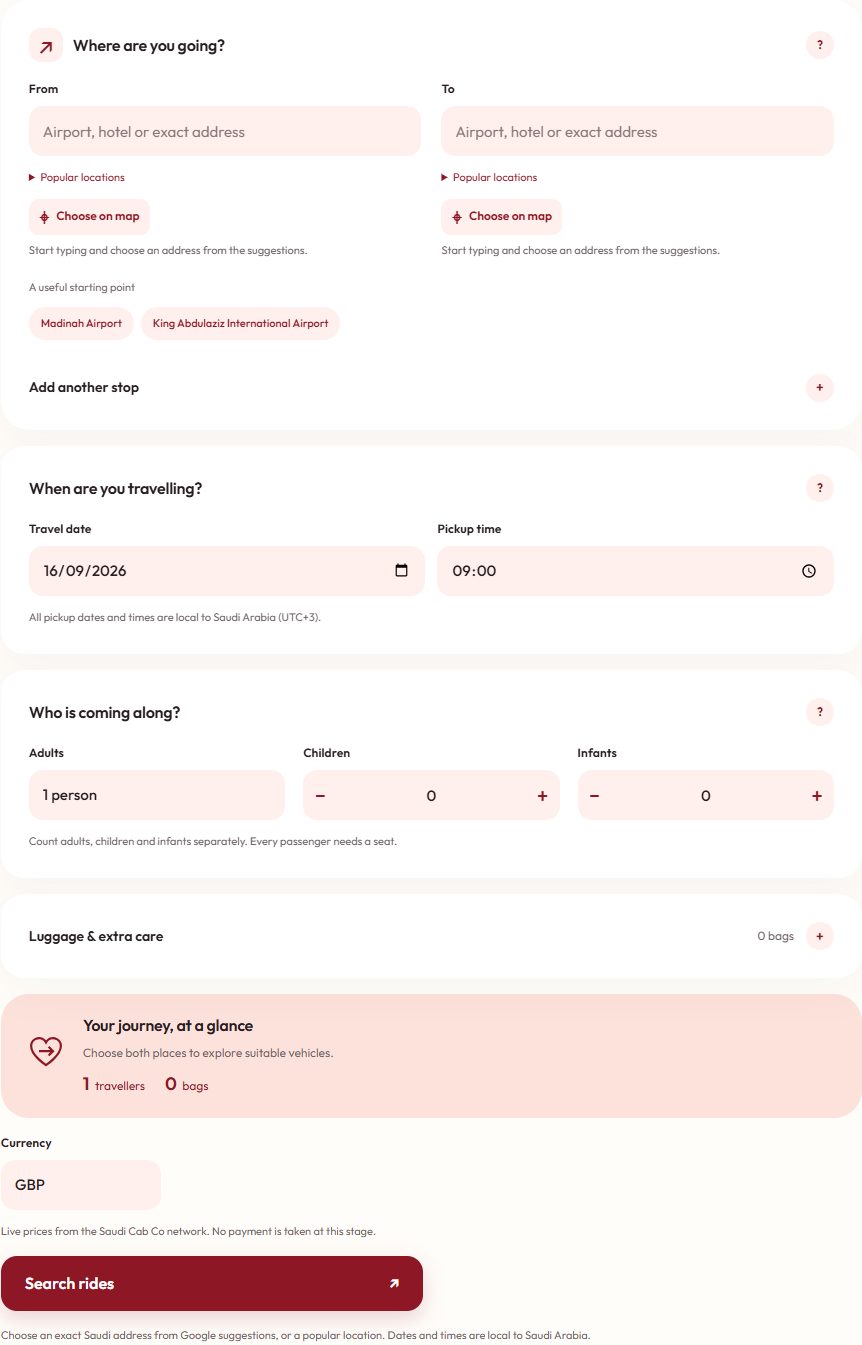 Pilgrim Taxi red airport transfer search interface